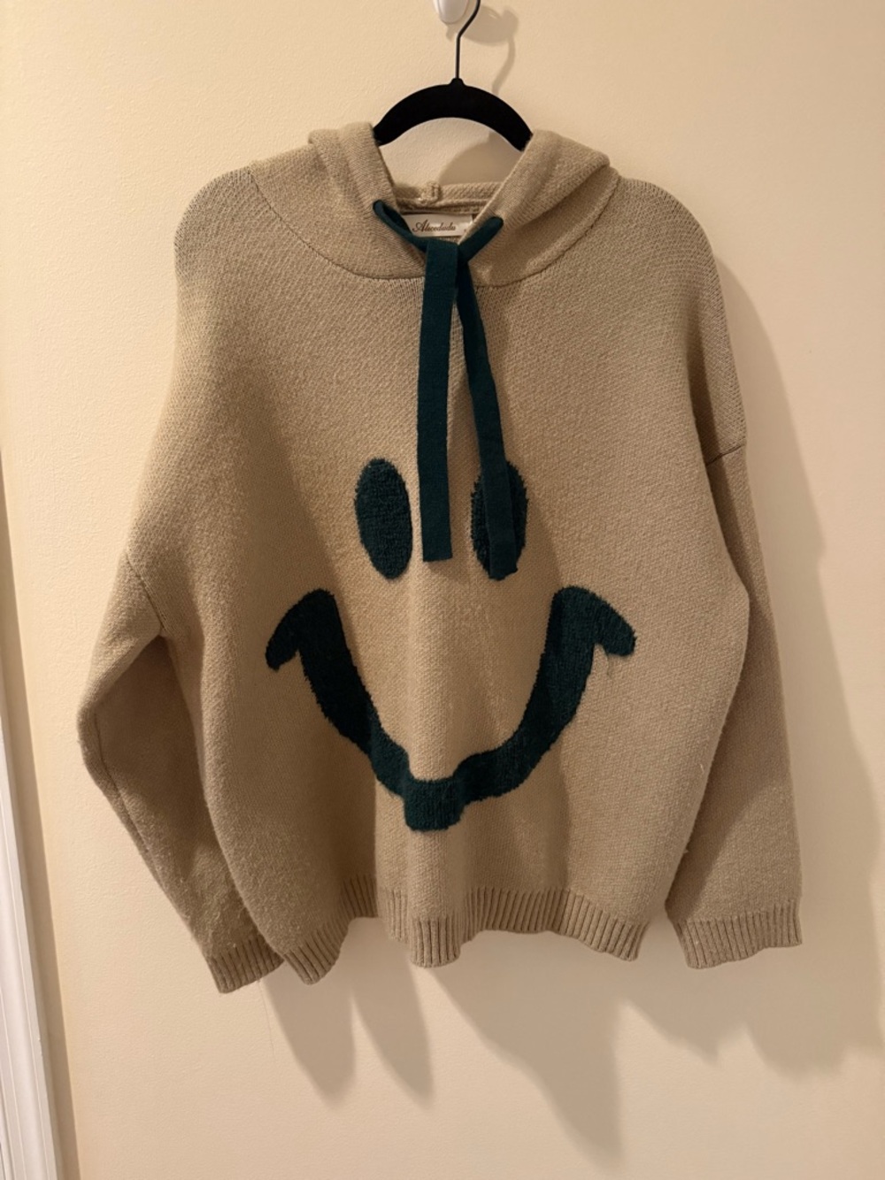 Oversized Beige Knit Hoodie Sweater with Dark green Smiley Face